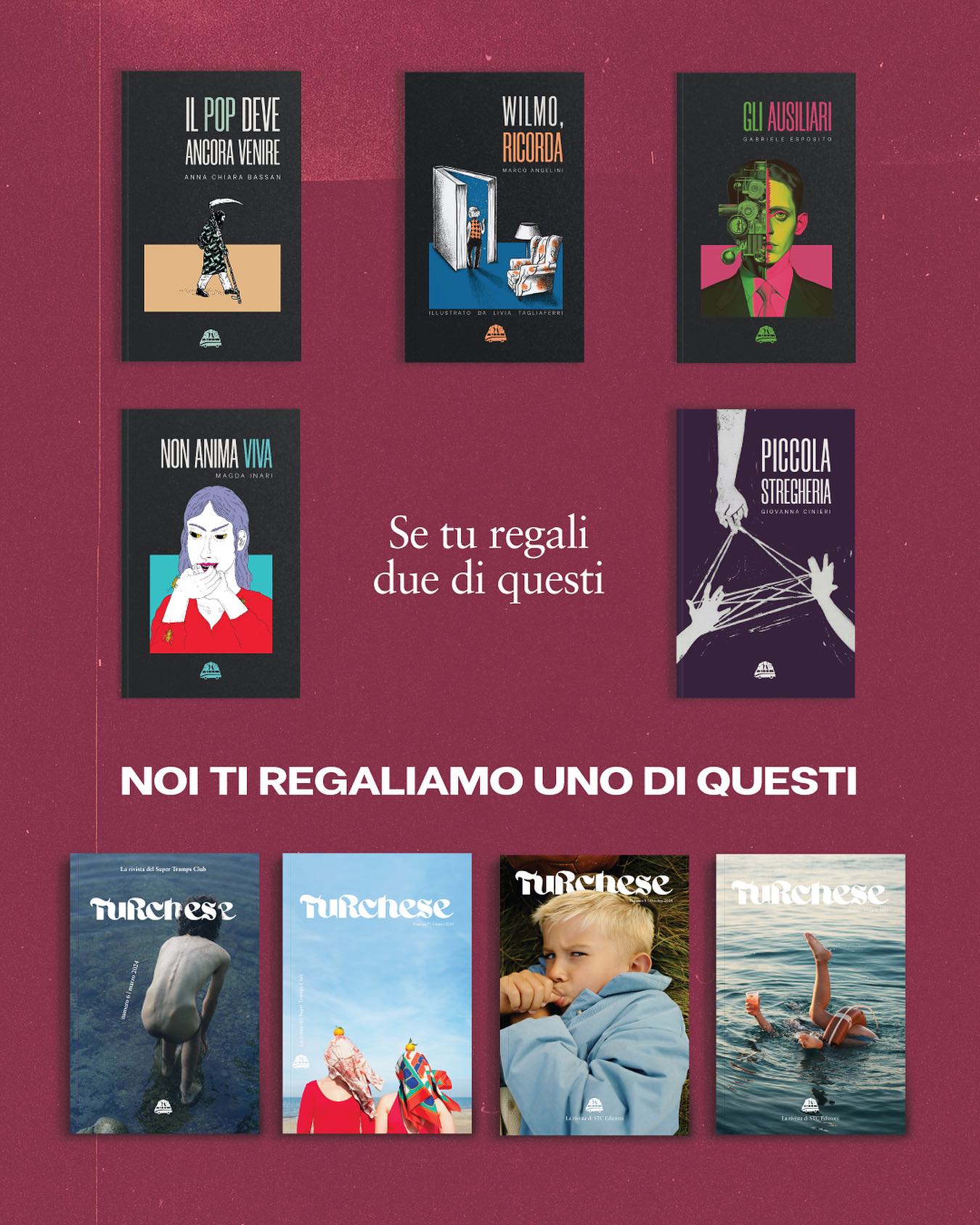 Quest’anno abbiamo deciso di semplificarti i regali: tu scegli due libri tra i nostri, e noi, senza che tu ce lo chieda, ti infiliamo dentro anche un numero di Turchese.

Perché?
Perché ci piace l’idea che mentre tu fai lə bravə e regali cose intelligenti allɜ tuɜ carɜ, noi ti premiamo con una rivista che non avevi programmato ma che ti ritroverai a leggere lo stesso, magari mentre rimandi l’ultimo pacco da incartare.

Il numero di Turchese lo scegliamo noi se sei indecisə, così nessunə apre discussioni infinite tipo “qual è il numero più bello?”.

Regali due libri. Ne arriva un terzo. E nessunə deve fare calcoli complicati sotto Natale.
